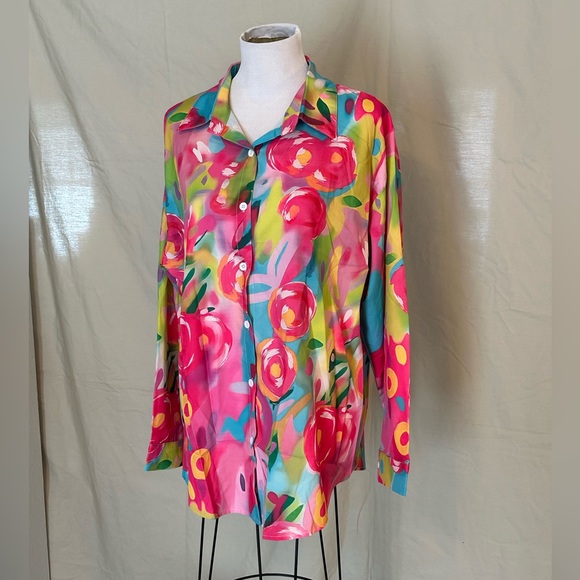 NWOT SHEIN Colorful Floral Button Down Shirt long sleeve pink blue green XXL - Picture 4 of 16